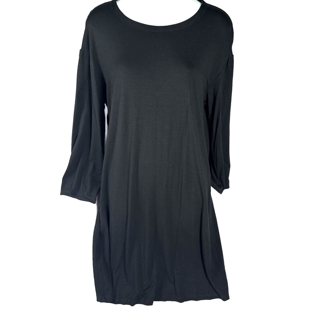 Eileen Fisher Small S Black Viscose Jersey Swing Dress Gold Back Stripe 3/4 Slv
